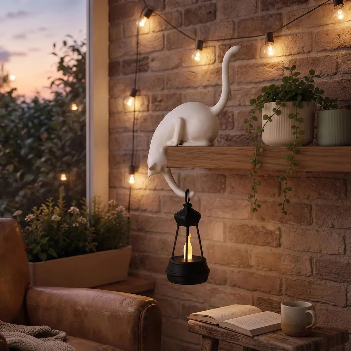 🐈Cute cat figurine for the bookshelf with LED light - Cute decoration for the bookshelf and practical key hook