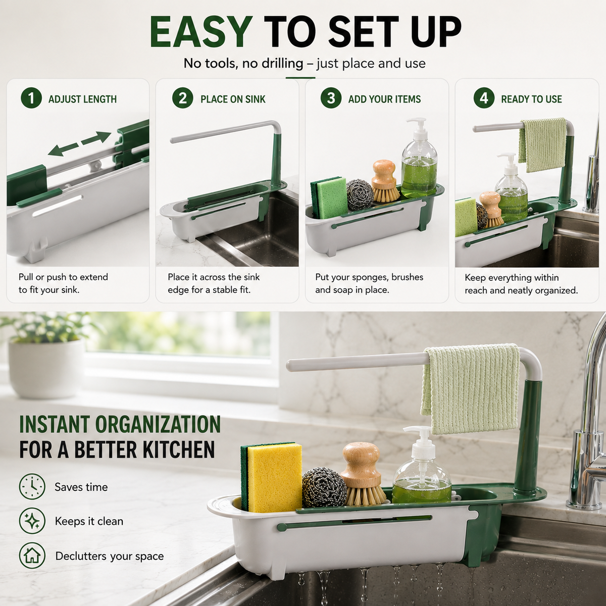 🔥✨ Adjustable Telescopic Kitchen Sink Organizer — Combines Draining, Drying, and Storage in One