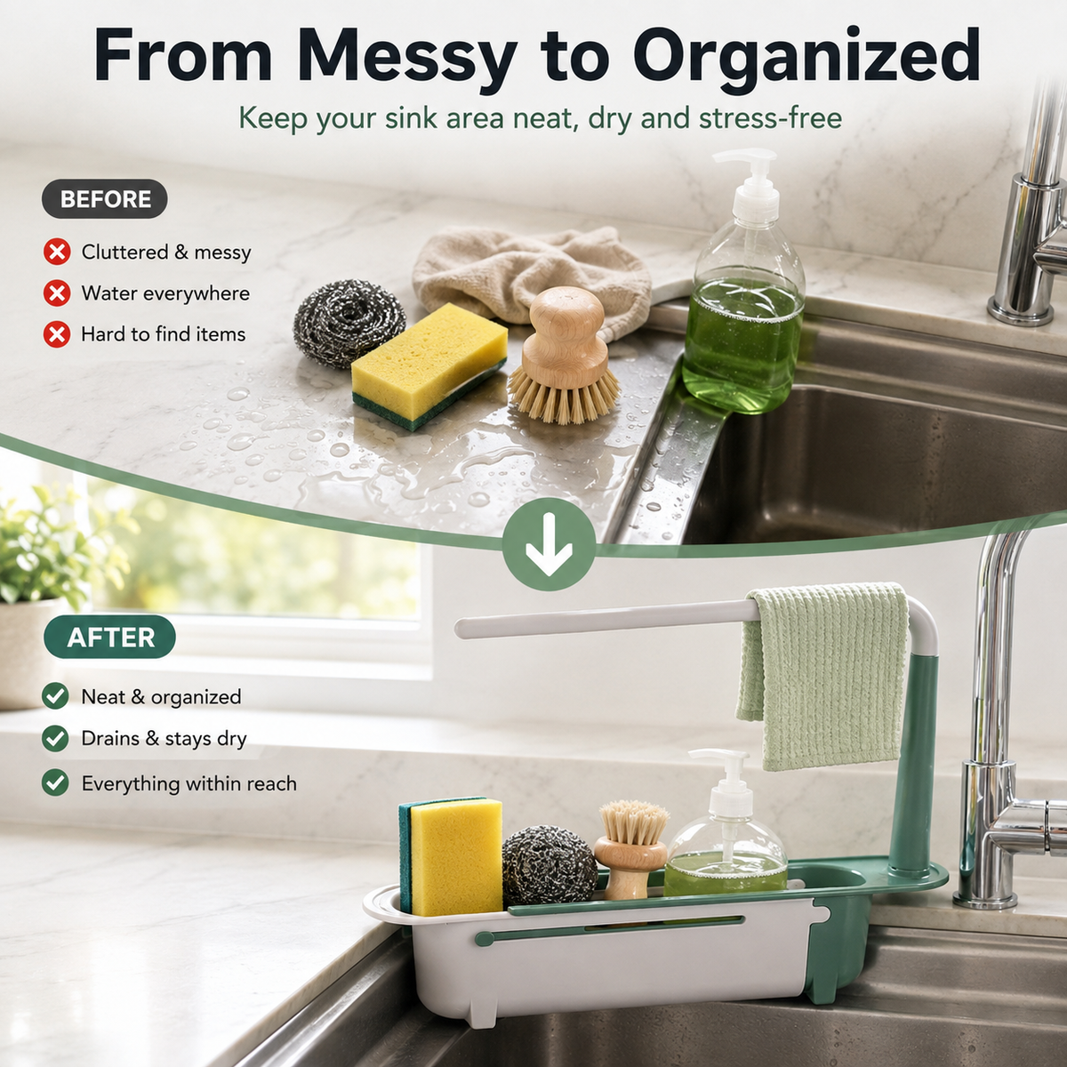 🔥✨ Adjustable Telescopic Kitchen Sink Organizer — Combines Draining, Drying, and Storage in One