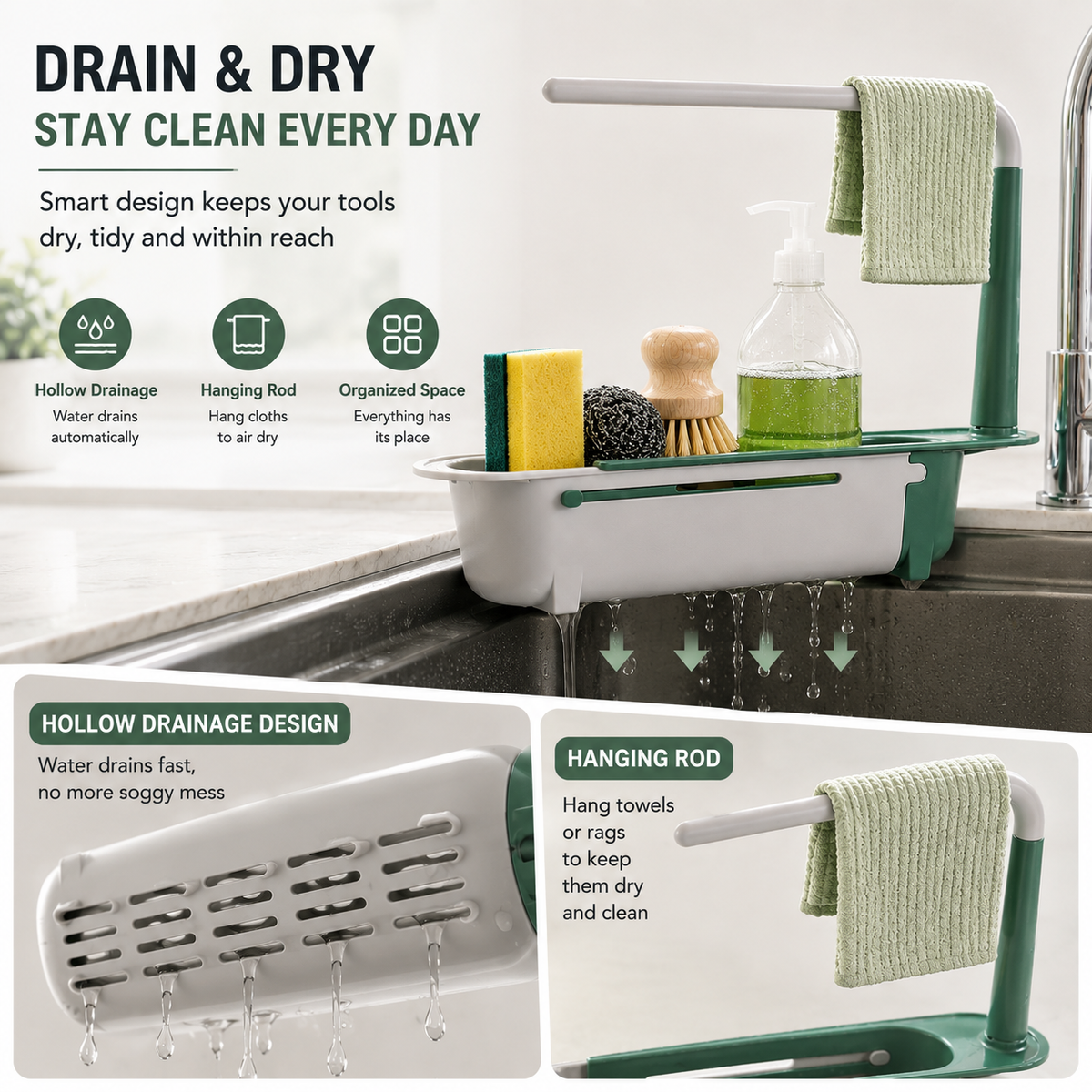 🔥✨ Adjustable Telescopic Kitchen Sink Organizer — Combines Draining, Drying, and Storage in One