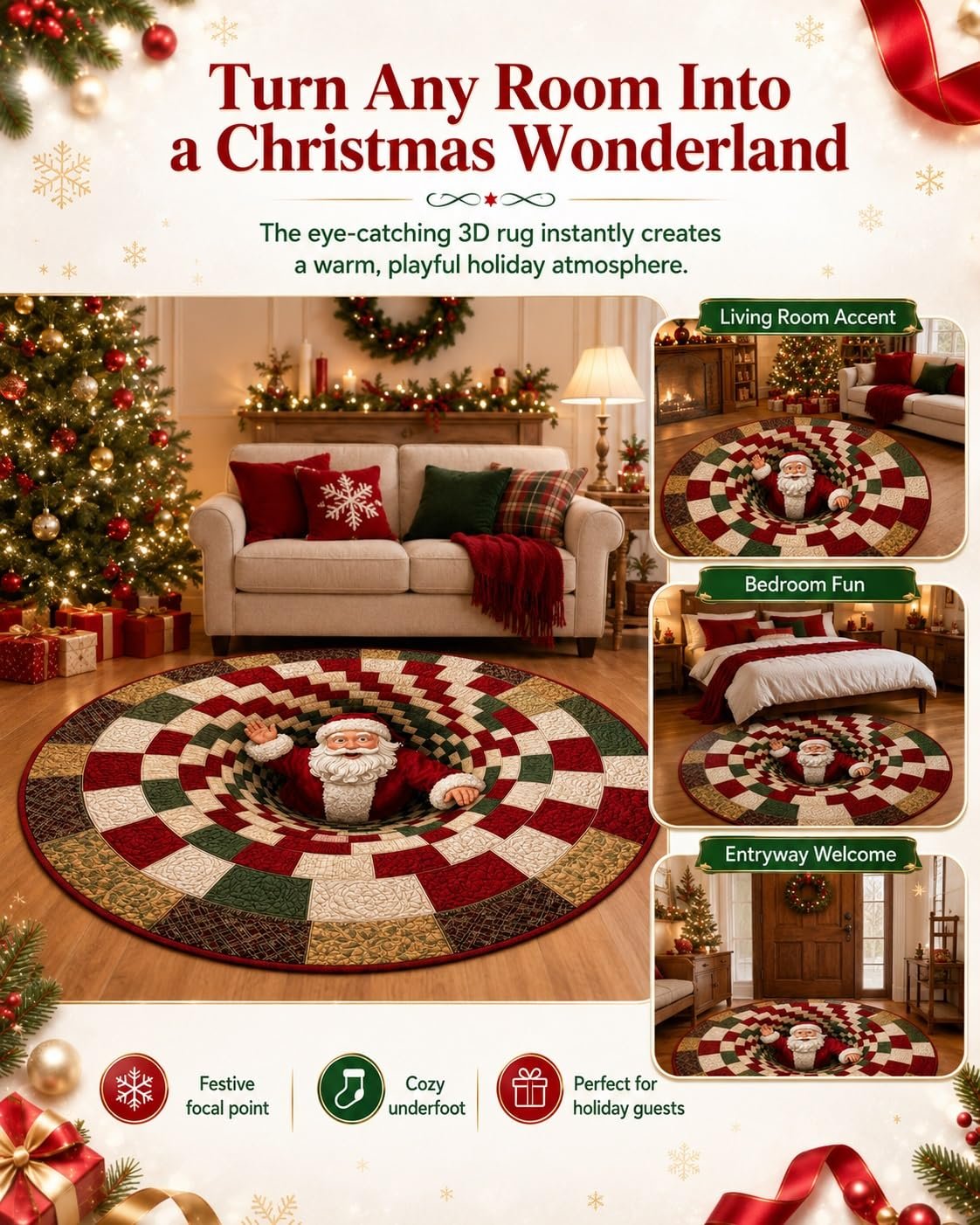 🎄3D Christmas Gnome Optical Illusion Round Rug | Fun Festive Home Decor Must‐Have⭐🏠🎁