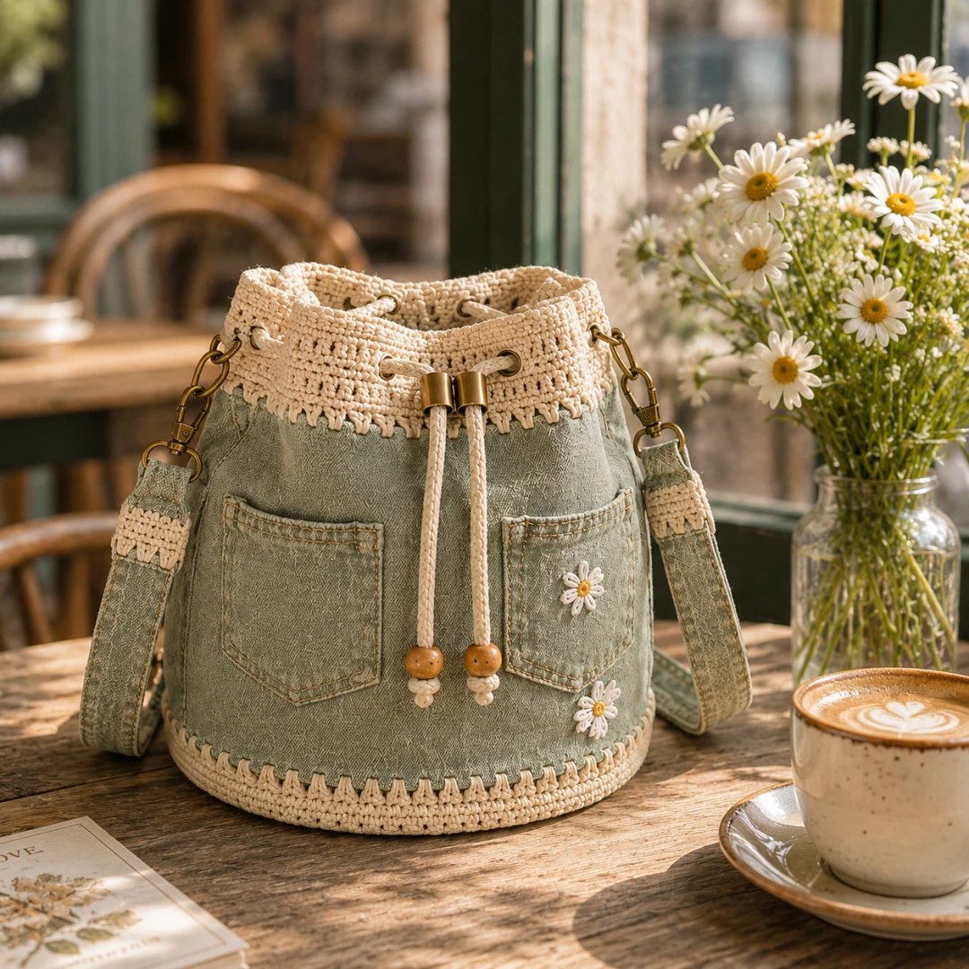 🔥Hot Sale! 50% Off!✨👜Handmade Crochet Denim Bucket Bag