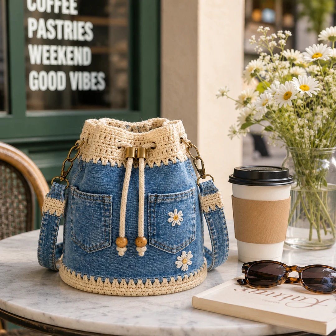 🔥Hot Sale! 50% Off!✨👜Handmade Crochet Denim Bucket Bag