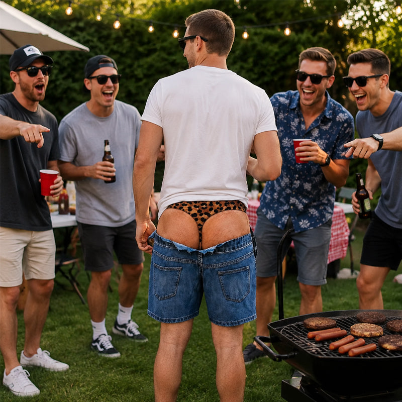 Funny leopard print swim trunks that look like denim | Original swim trunks with illusion effect
