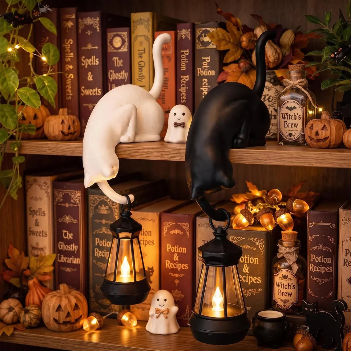 🐈‍Cute cat figurine for the bookshelf with LED light - Cute decoration for the bookshelf and practical key hook