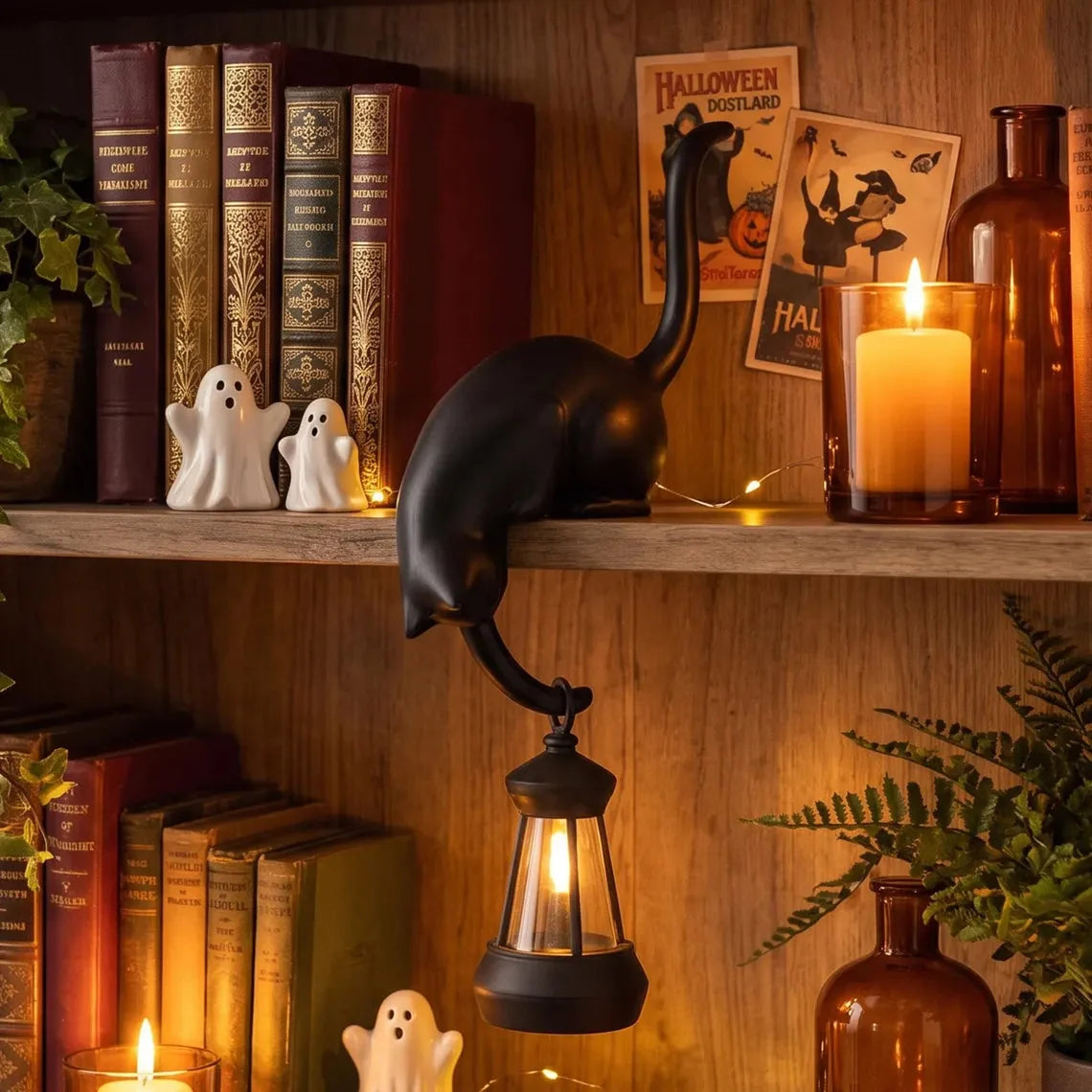 🐈‍Cute cat figurine for the bookshelf with LED light - Cute decoration for the bookshelf and practical key hook