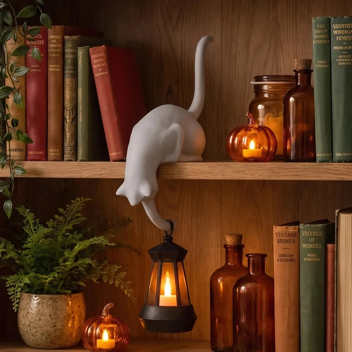 🐈‍Cute cat figurine for the bookshelf with LED light - Cute decoration for the bookshelf and practical key hook