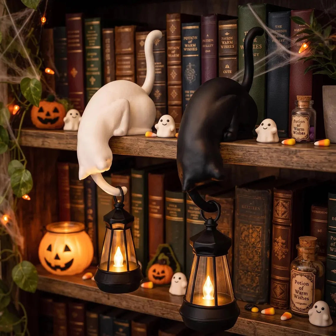 🐈‍Cute cat figurine for the bookshelf with LED light - Cute decoration for the bookshelf and practical key hook