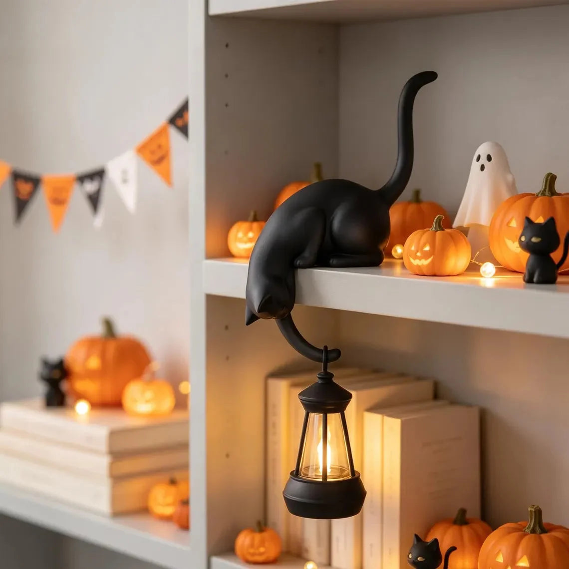🐈‍Cute cat figurine for the bookshelf with LED light - Cute decoration for the bookshelf and practical key hook