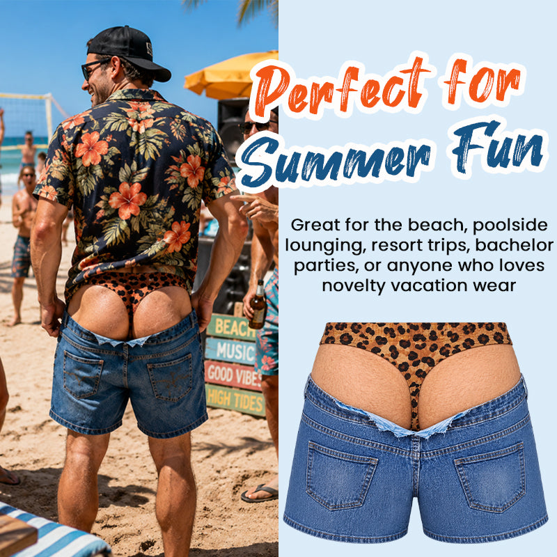 Funny leopard print swim trunks that look like denim | Original swim trunks with illusion effect