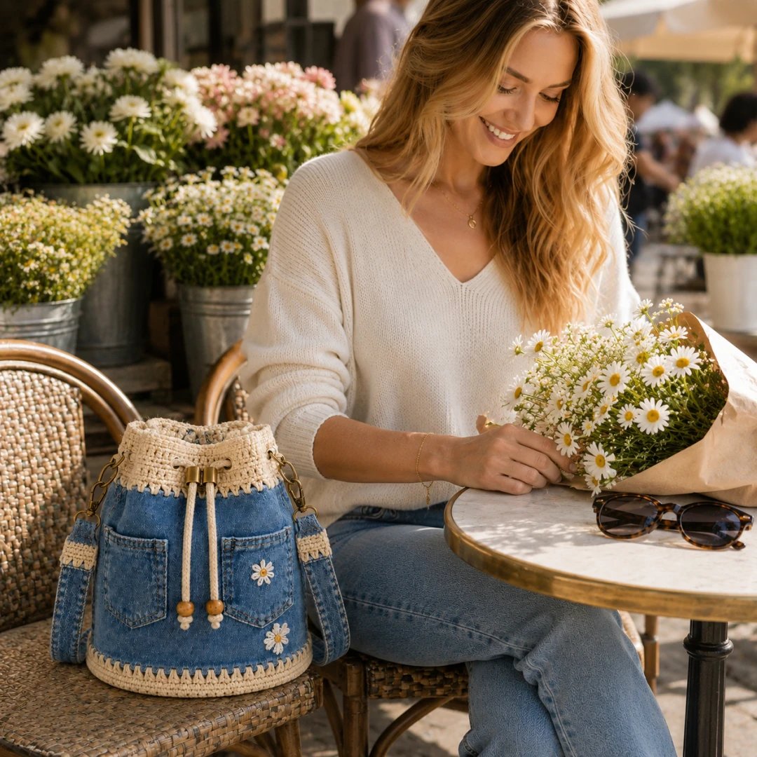 🔥Hot Sale! 50% Off!✨👜Handmade Crochet Denim Bucket Bag