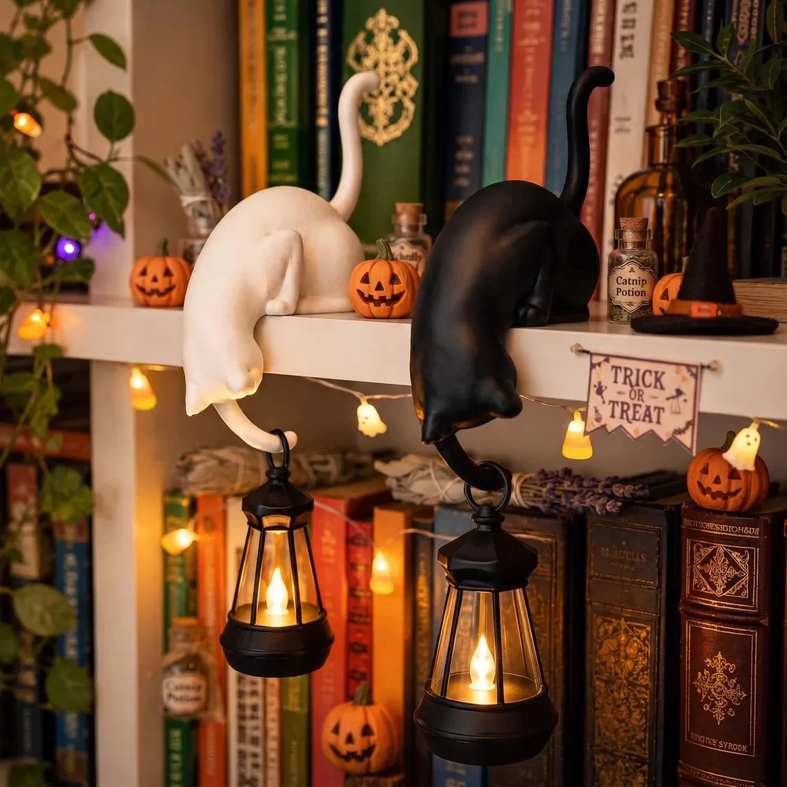 🐈‍Cute cat figurine for the bookshelf with LED light - Cute decoration for the bookshelf and practical key hook