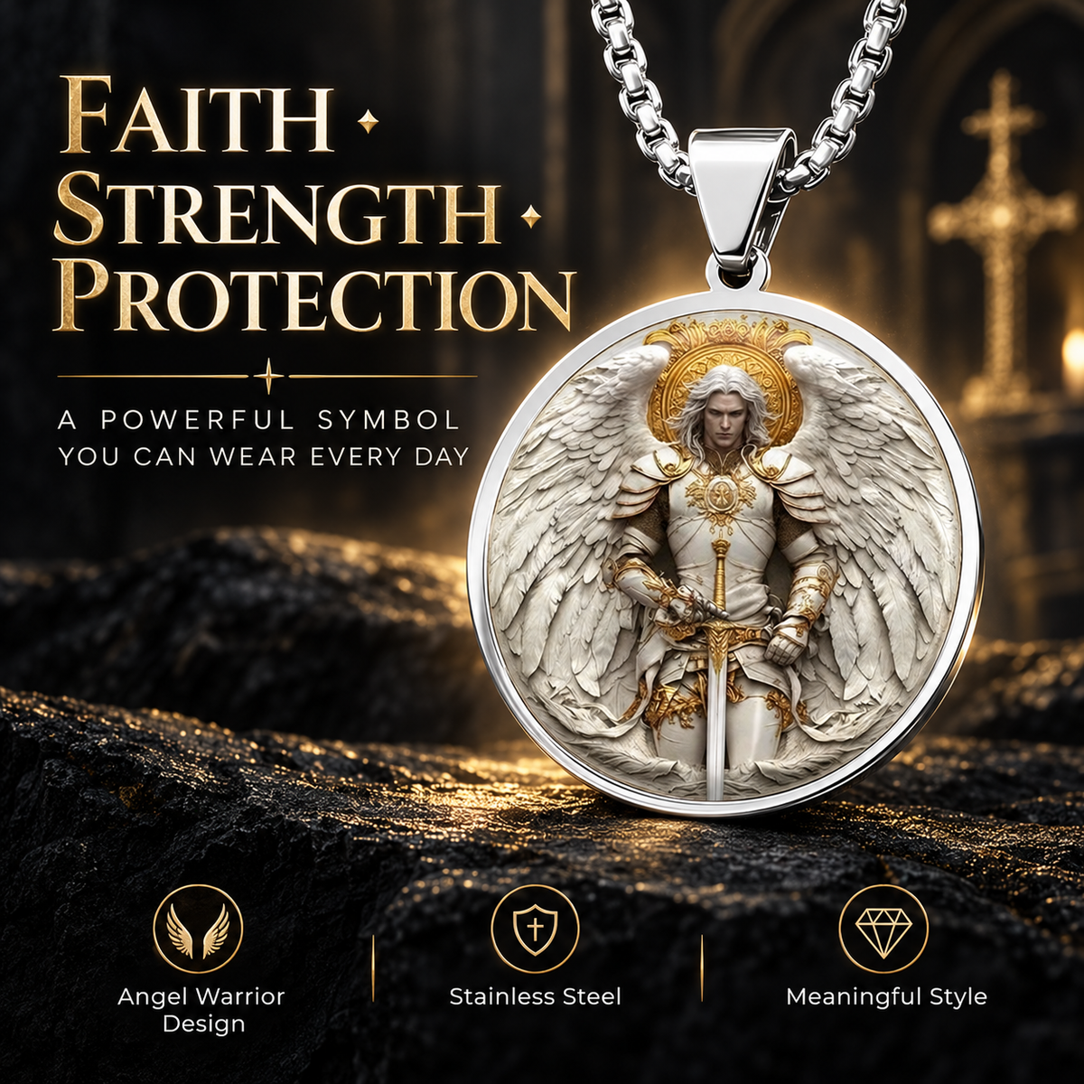 ⚔️🛡️Angel Warrior Pendant Necklace for Men — Faith, Strength & Protection
