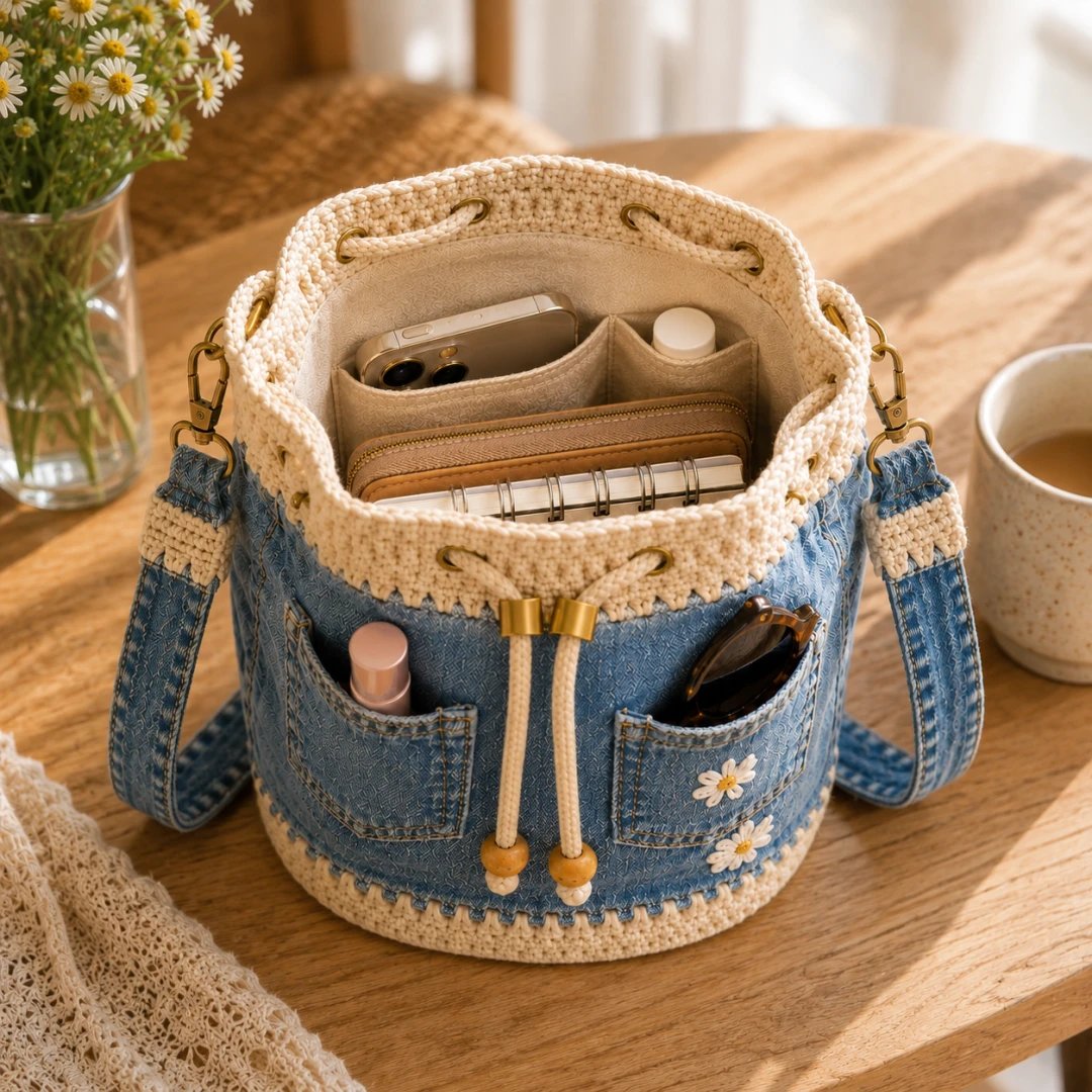 🔥Hot Sale! 50% Off!✨👜Handmade Crochet Denim Bucket Bag