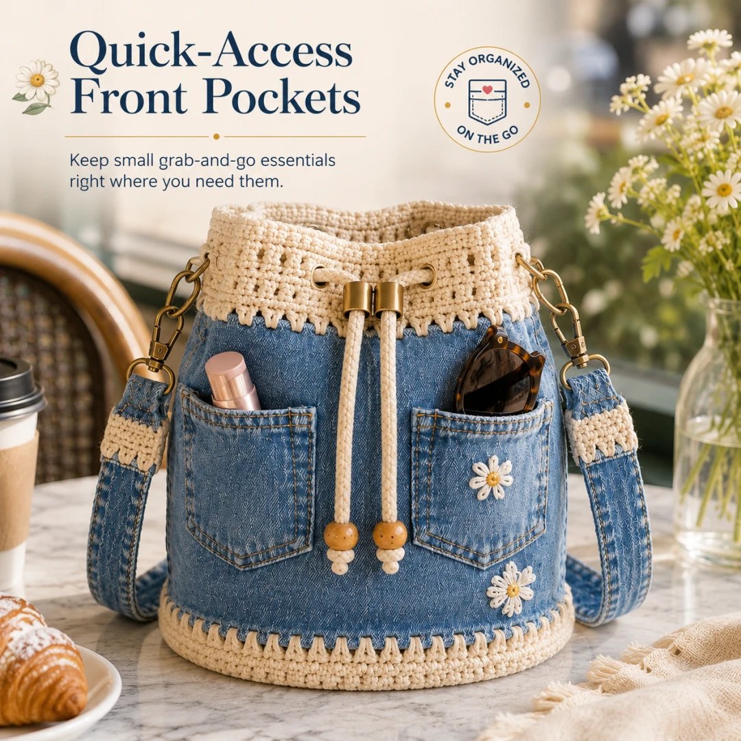 🔥Hot Sale! 50% Off!✨👜Handmade Crochet Denim Bucket Bag