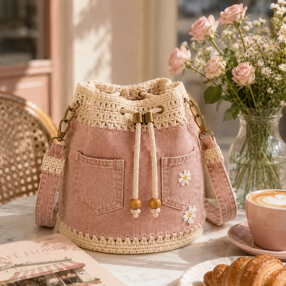 🔥Hot Sale! 50% Off!✨👜Handmade Crochet Denim Bucket Bag