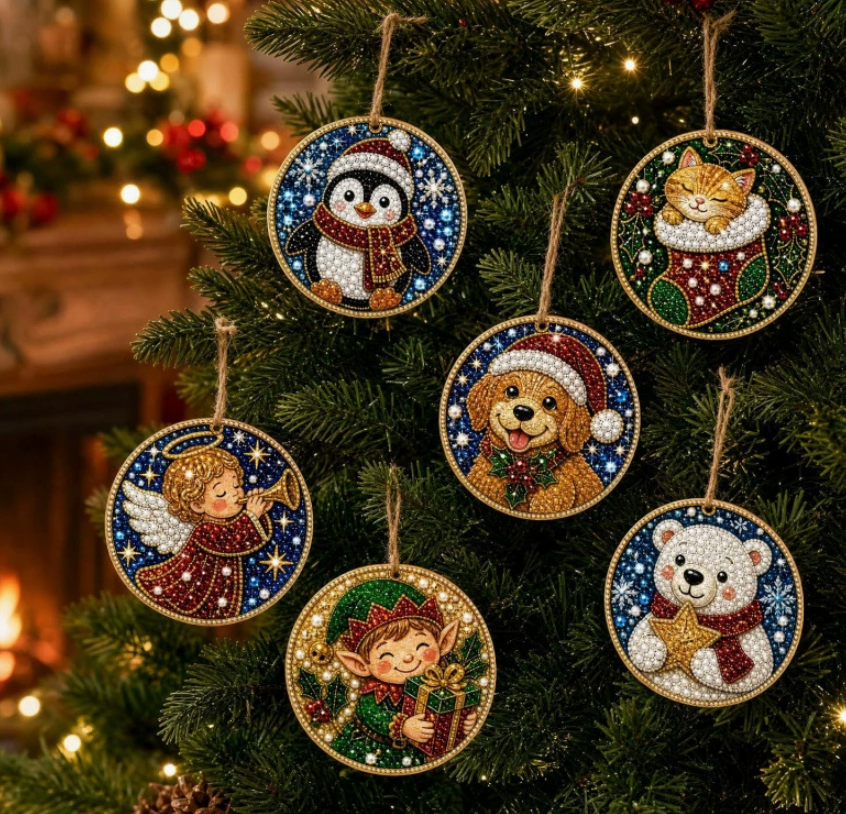 🎄🦌 6-Pack Christmas Diamond Painting Ornament Kit | Make Beautiful Hand‐Made Decorations🎁