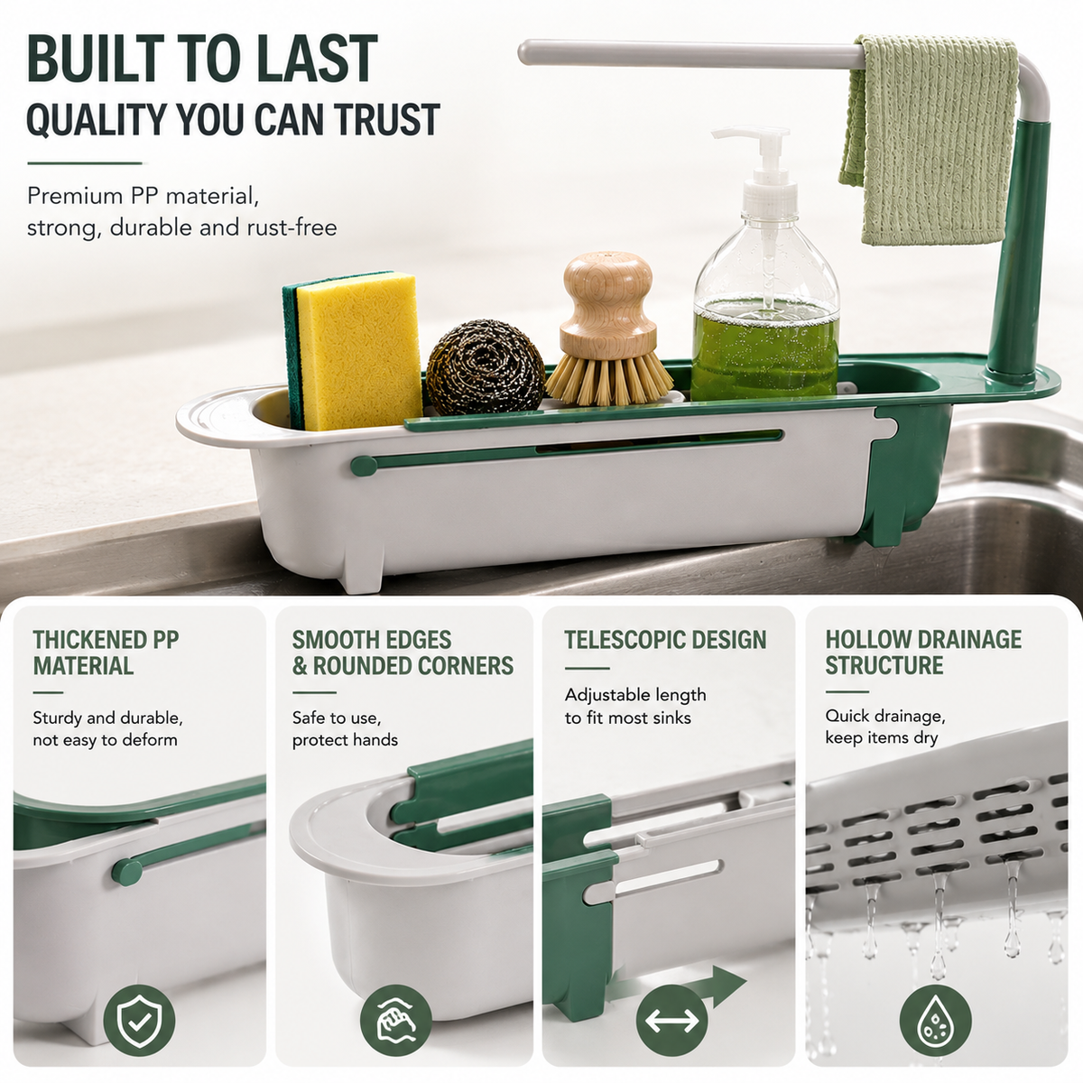 🔥✨ Adjustable Telescopic Kitchen Sink Organizer — Combines Draining, Drying, and Storage in One