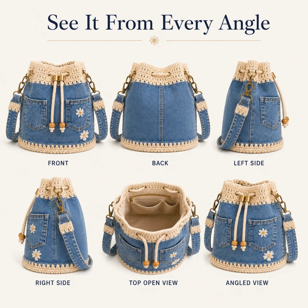 🔥Hot Sale! 50% Off!✨👜Handmade Crochet Denim Bucket Bag